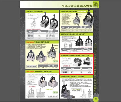 Catalog page showing Pro Grade Precision V-Block And Clamp Set, 4-1/8 In L, 4-1/8 In W, 3-1/16 In H with images and specifications.