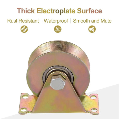 Three-inch galvanised steel caster with bracket for inverted V track, part of Four Piece 3 Inch V Groove Gate Caster Set
