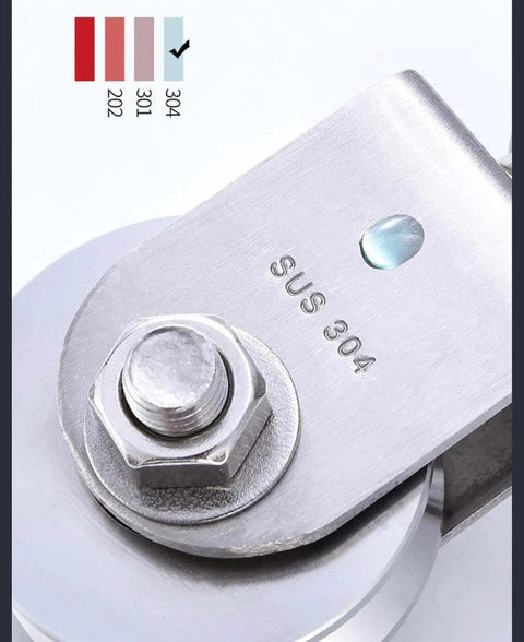 Close-up of 2pcs V-Groove Caster Wheel, Heavy Duty Sheaves Track Pulley made of SUS 304 stainless steel with bolt detail.