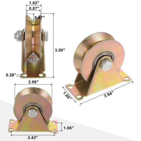 Four Piece 3 Inch V Groove Gate Caster Set With Bracket For Inverted V Track Rigid Wheel Castors With High Load Capacity Up To 1102 Lbs Per Wheel 500 Kg Galvanized Steel Construction For Garage Doors Lifting And Industrial Use, side view with dimensions.
