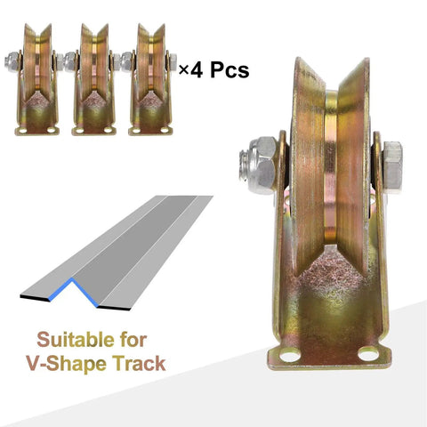 Set of 4 galvanized steel 3-inch V-groove gate casters with bracket for inverted V track, 1102 lbs per wheel capacity
