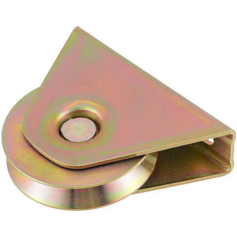 Side view of 2 Pack 3.5 Inch V Type Sliding Gate Rollers With Bracket, V Groove Track Wheel Steel Rollers in zinc plated steel.