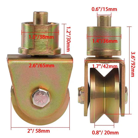 Front and side view of V Groove Gate Wheels 2 Inch Caster with 360 Degree Rotational Stem, showing measurements of steel construction.