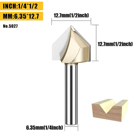 Five Piece 90 Degree V Groove Router Bit Set With One Quarter Inch Shank And Half Inch Cutter Diameter for precise woodworking
