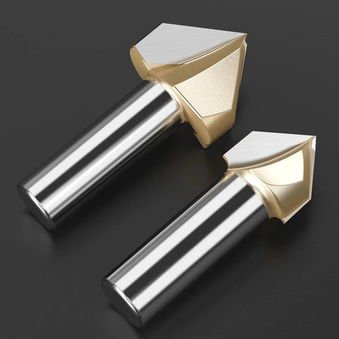 Five Piece 90 Degree V Groove Router Bit Set With One Quarter Inch Shank And Half Inch Cutter Diameter displayed on black surface