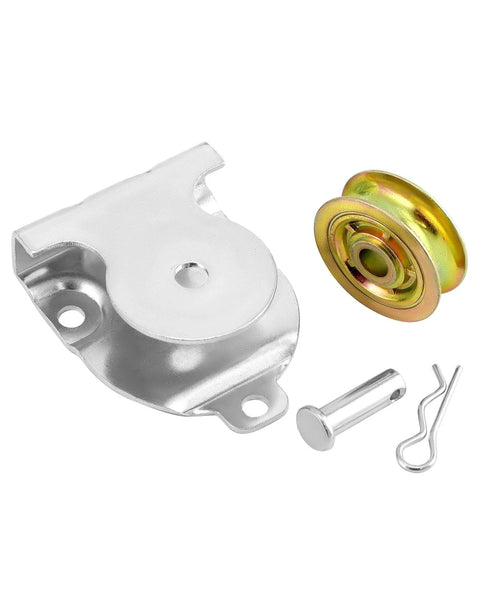 Wall Mount Pulleys, 6 Pcs 1-1/2" Ceiling Mount Single Pulley V-Groove Pulley Hardware Accessories for 3/8" Wire or Rope, Working Load 420 Lbs, showing a silver mounting bracket and a yellow V-groove pulley.