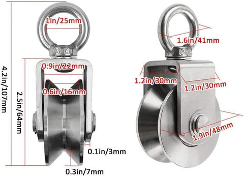Front and side view of 2pcs V-Groove Caster Wheel, Heavy Duty Sheaves Track Pulley, 304 Stainless Steel Directional Roller, 360° Rotating Ring.