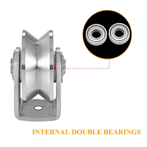 Front view of V Groove Wheel Stainless Steel Heavy Duty Wire Rope Pulley Block Sliding Gate Rollers Double Bearing Plate Caster.