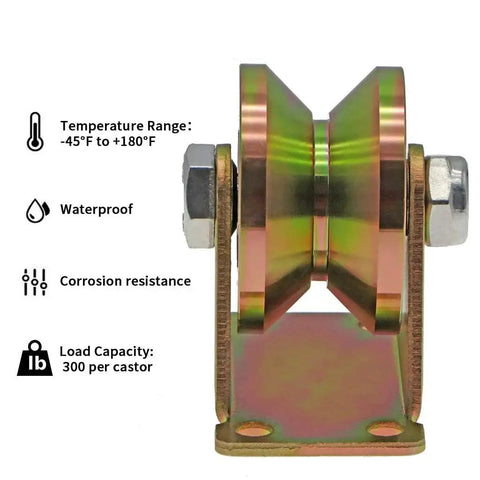 Side view of Heavy Duty 2 Inch V Groove Wheel Caster With Bracket For Inverted Track And Sliding Gates, 660 lb capacity.