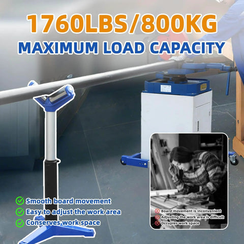 V-Head Heavy-Duty Roller for Woodworking - 1,760 Lb Load Capacity displayed in workshop setting with adjustable height feature.