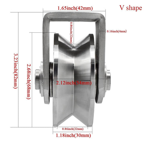 Front view of Grooved Wheel Pulley Block Pulley Wheel Stainless Duplex Bearing Silent Detachable Heavy Duty Traction Wheel with dimensions