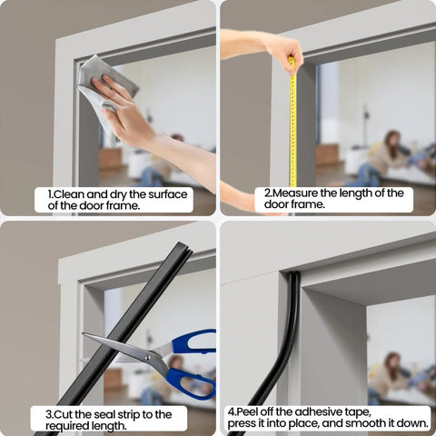 White V-shaped foam weather stripping for door frame, 19.7 ft, self-adhesive; four-step installation demo.