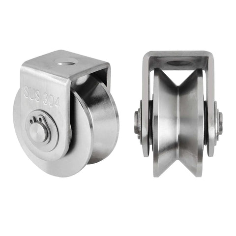 Front and side view of 2PCS V Type Pulley Roller 304 Stainless Steel Pulley Block Duplex Bearing for heavy duty use.