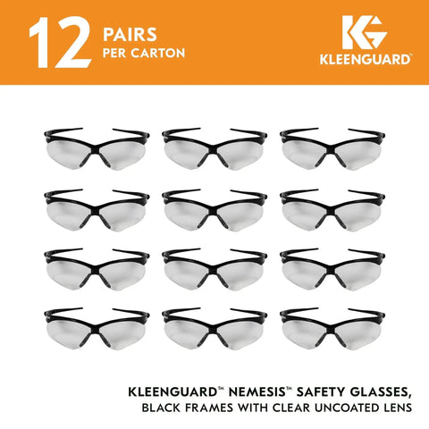 V30 Nemesis Safety Glasses Clear Lenses Black Frame Unisex Eyewear 12 Pairs Case, shown in carton packaging.