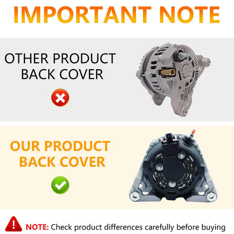 Comparison of alternator back covers; top shows non-matching cover, bottom shows Heavy Duty 160 Amp 12V V8 Alternator Replacement.
