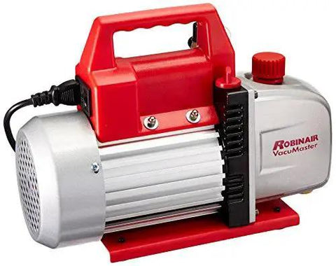 Side view of VacuMaster Economy Vacuum Pump for AC and refrigeration service, two stage, three CFM, 115 volt with non-skid feet
