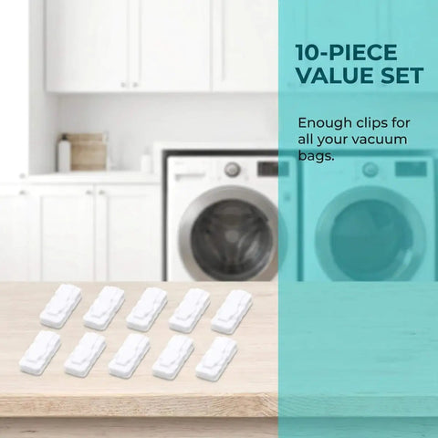 10 Pack Vacuum Storage Bags Sealing Clips Set displayed on counter in laundry room, featuring reusable zipper sealing clips