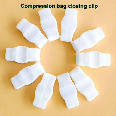 10 Pack Vacuum Storage Bag Clips For Tight Seals And Easy Zipper Closure Space Saver Clips For Vacuum Bags arranged in a circle