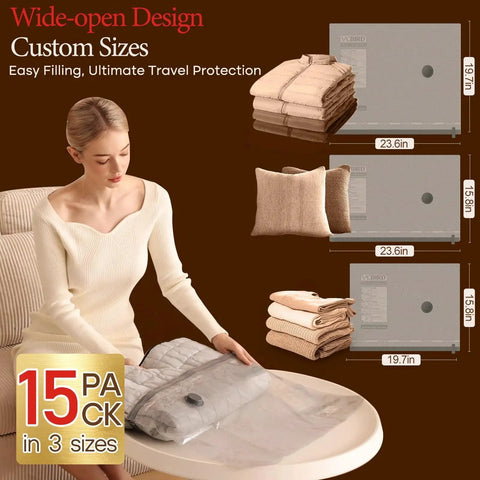 Person using Travel Vacuum Bags With Rechargeable Pump 15 Piece Kit Carry On Size Space Saving Compression Packing