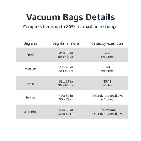 Size chart for Vacuum Storage Bags For Clothes With Hand Pump, Space Saving Jumbo Compression Bags Set Of Six.