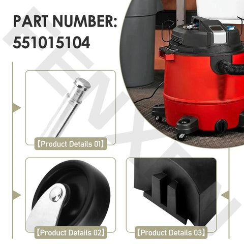Image showing 4 Pack Black Caster And Foot Replacement For Wet Dry Vacuum CMXEVCVVJF910 Dir08p05438, featuring vacuum with parts.