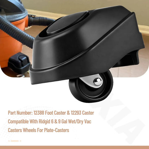 Close-up of a black caster wheel part of the Two Pack Foot Caster And 12293 Caster Kit For Plate Caster Systems Compatible With Six To Sixteen Gallon Wet And Dry Vacuums, showing design details and fit on vacuum