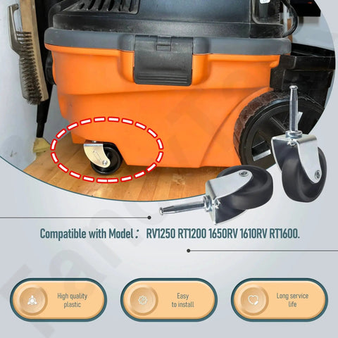 4 Pack Replacement Wet Dry Vacuum Caster Wheels Set Compatible With Ridgid Craftsman And Dewalt Vacuums, shown in packaging and installed on orange vacuum