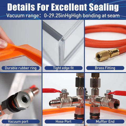 Details of 1.5 Gallon Acrylic Vacuum Chamber For Resin Degassing Kit showing rubber ring, edge fit, brass fitting, vacuum port, hose port, muffler end.