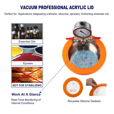 1.2 Quart Stainless Steel Vacuum Chamber Kit for Resin Degassing and Epoxy Casting with Acrylic Lid ideal for monitoring