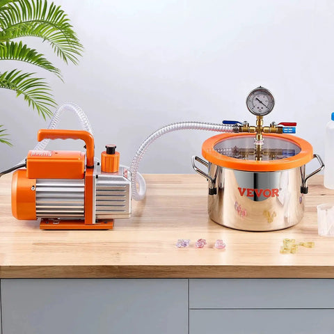 Degassing Vacuum Chamber Kit With 1.5 Gallon Stainless Steel Chamber And 3.5 CFM Pump for DIY resin casting displayed on table