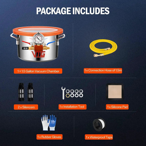 One Point Five Gallon Vacuum Chamber With Tempered Glass Lid 304 Stainless Steel Degassing Chamber package contents overview