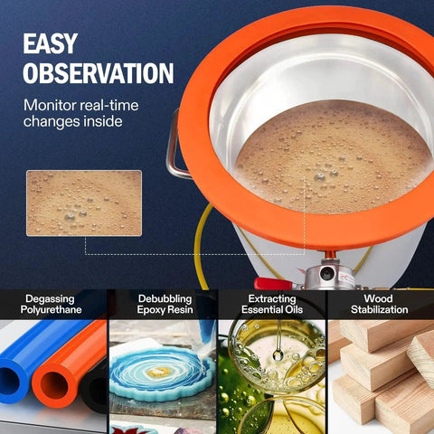 Pro Grade 3 Gallon Vacuum Chamber Kit With 4.5 CFM One Third HP Vacuum Pump In 304 Stainless Steel shown with resin degassing process.