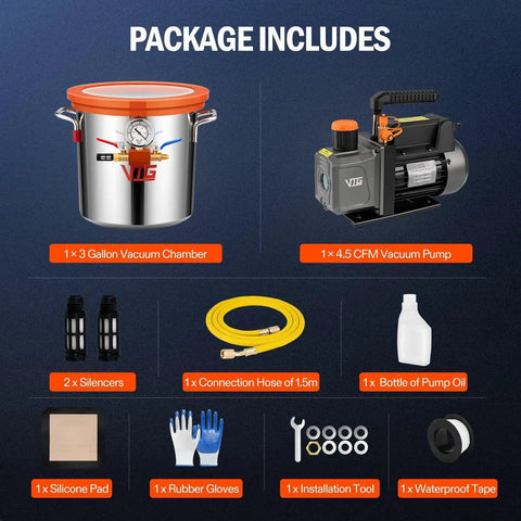 Package includes Pro Grade 3 Gallon Vacuum Chamber Kit With 4.5 CFM One Third HP Vacuum Pump In 304 Stainless Steel for crafts.