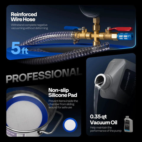 Reinforced wire hose, non-slip silicone pad, and vacuum oil featured in the 1.5 Gallon Stainless Steel Vacuum Chamber With Pump Degassing Kit.