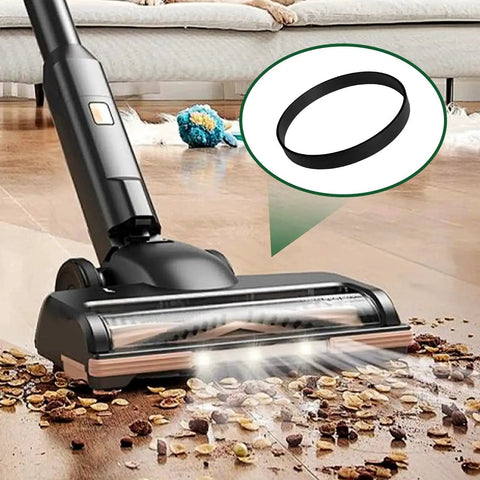 Vacuum cleaner cleaning floor with a highlighted replacement belt, restore strong suction and peak cleaning with this four pack of replacement vacuum belts, compatible with select Bissell models, delivering durable wear resistance.