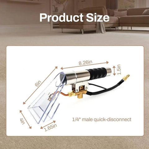 Extractor Wand And Cleaning Head For Vacuum Cleaners With Sealed Spray Design, shown with dimensions, stainless steel body
