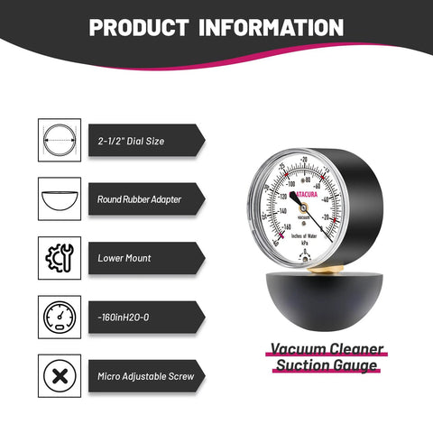 GOATACURA vacuum cleaner suction gauge, 2-1/2 inch dial, -160 to 0 inH2O with round rubber adapter and lower mount.