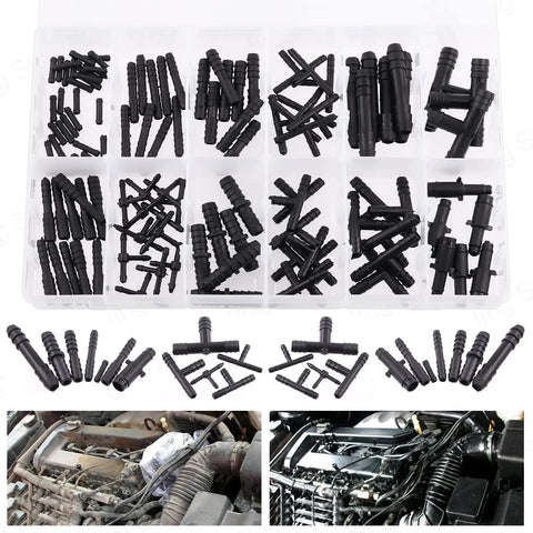 Swpeet 113-Pc barbed vacuum connector kit; black plastic fittings with tees, reducers, straights in clear storage box