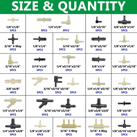 Vacuum connector assortment, Aienxn, beige plastic automotive vacuum line adapters, 32 sizes from 1/8 in to 3/8 in