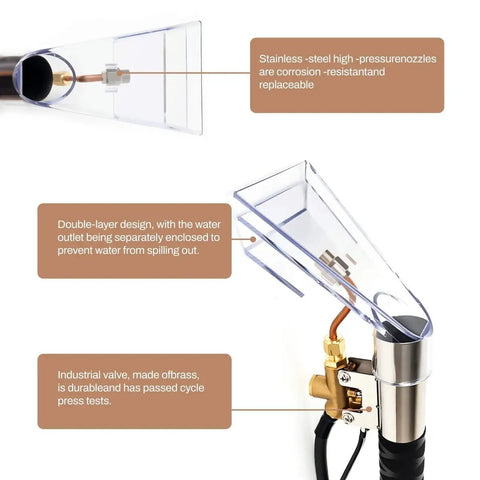 Close-up of extractor wand and cleaning head for vacuum cleaners with sealed spray design, brass valve, and stainless-steel nozzle.