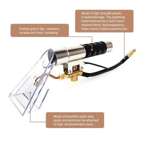 Extractor Wand And Cleaning Head For Vacuum Cleaners With Sealed Spray Design showing stainless steel body with rubber grip