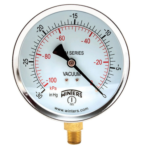 Winters 4-inch vacuum gauge, front view; brass 1/4 in NPT bottom mount, steel case, dual scale 30 inHg/0 Vac/kPa