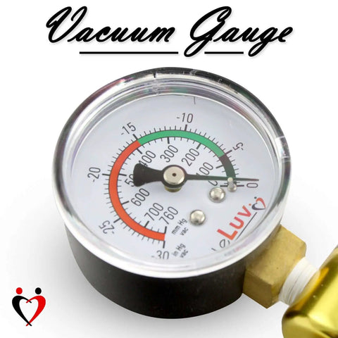 Close-up of vacuum gauge on Ultima Brass Vacuum Pump Handle, displaying pressure from 0 to 30 Hg, for precise mechanical measuring.