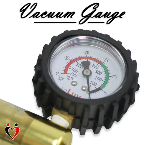 Close-up of vacuum gauge on Ultima Red Manual Vacuum Pump With Aluminum Alloy Body And Silver Handle For Precise Vacuum Metering.