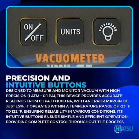 Hiatsu VMH-75 digital vacuum gauge in aluminum case with ON/OFF and UNITS buttons and a knob