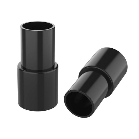 Two black SATUY plastic vacuum hose adapters for 1-3/8 in OD to 1-1/4 in ID connections