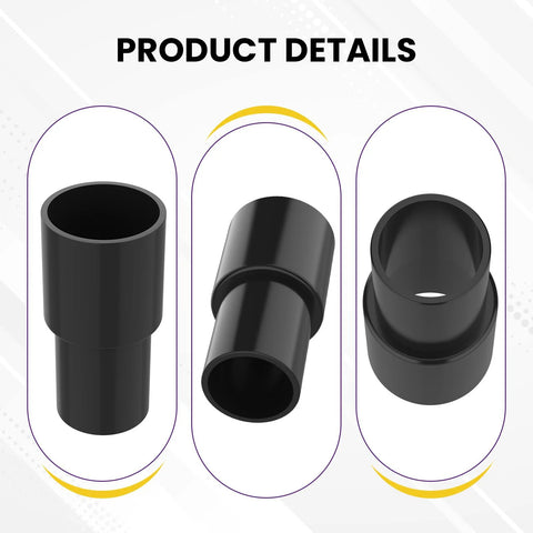Black plastic vacuum hose adapter, 1-3/8 in OD to 1-1/4 in ID, 2-piece dust-collection connector