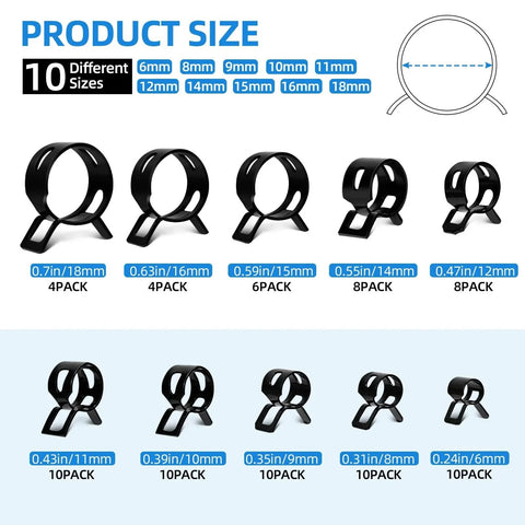 Display of 80 Pieces Vacuum Hose Clamps Assortment Kit for 6mm to 18mm Silicone Tubing, various sizes shown in black finish.