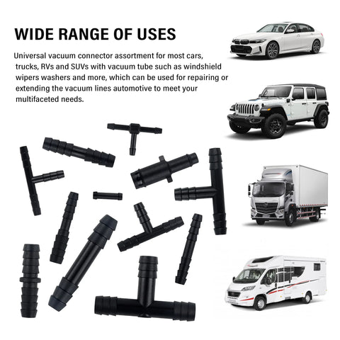115-piece black plastic car vacuum hose connector set with T, straight and reducer adapters for vacuum lines