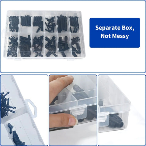 VIKKSAER vacuum hose connector kit in a clear plastic box; assorted black nylon barbed tee connectors and adapters.